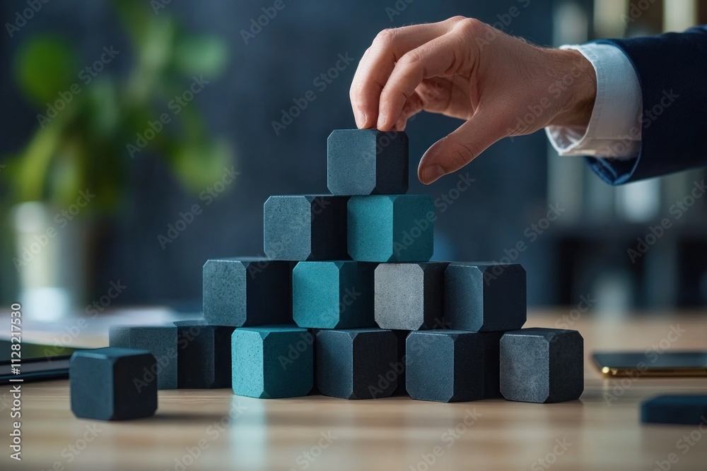 Poster A hand stacking cubes to create a pyramid structure on a wooden table.