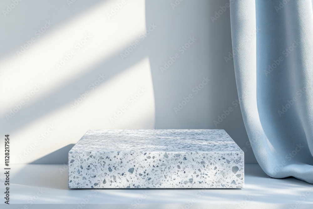 Poster A minimalist concrete block on a shelf with soft shadows and a curtain.