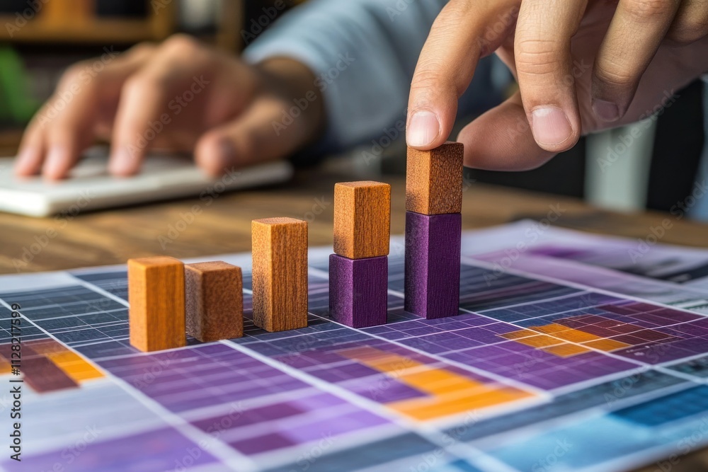 Aufkleber A person arranging wooden blocks representing data on a chart.