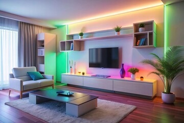 TV cabinet and storage space in a living room with a white wall Neon Colors Images