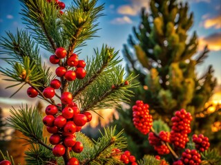 Silhouetted holly, pine, and red blooms create a whimsical Christmas garden scene.