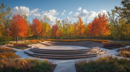 Obraz premium A serene outdoor amphitheater surrounded by colorful autumn trees and landscaped gardens.