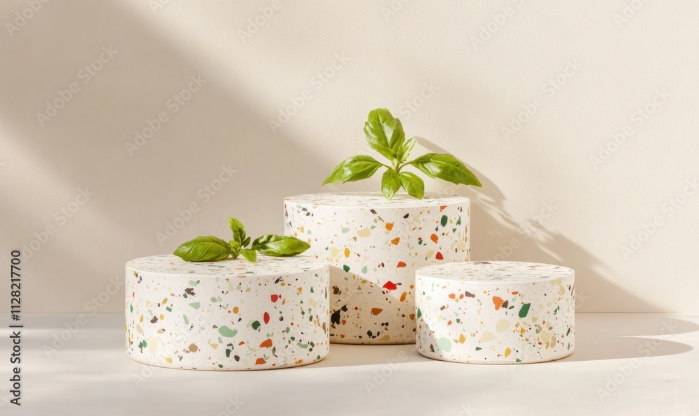 Poster Three decorative circular objects with a terrazzo pattern and fresh basil leaves on top.