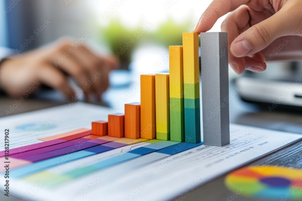 Poster A hand adjusts colorful bar graph figures on a document, representing data analysis.