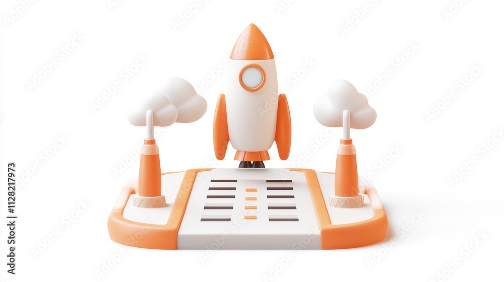 Poster A stylized rocket model surrounded by trees and towers on a platform.