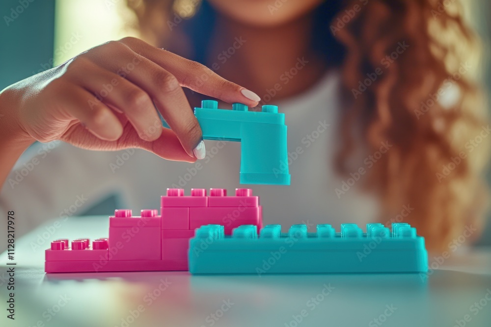 Aufkleber a person assembling colorful building blocks on a table, focusing on creativity and play.