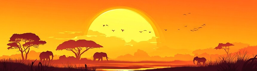 Silhouette Illustration of African Savanna at Sunset with Elephants and Lions AI generated illustration