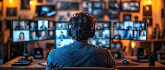 Fototapeta premium A person with headphones sits in front of multiple screens displaying video calls.