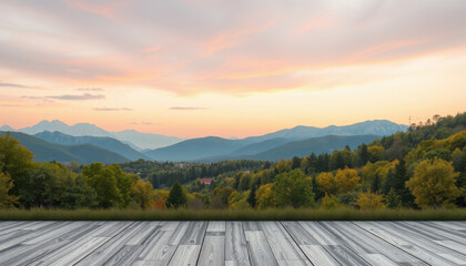 Serene Mountain Vista at Sunset Over Autumnal Forest