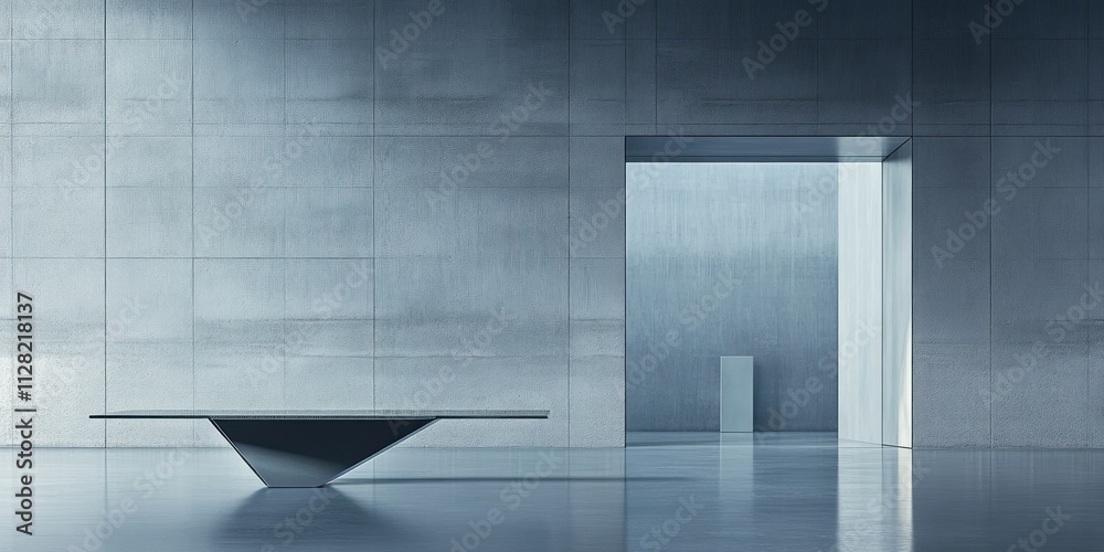 Poster a minimalist interior featuring a sleek table and an open doorway in a modern space.