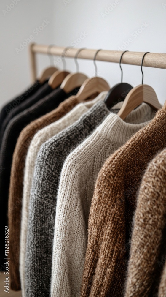 Poster a stylish rack features meticulously arranged sweaters in warm hues, displaying an artistic blend of