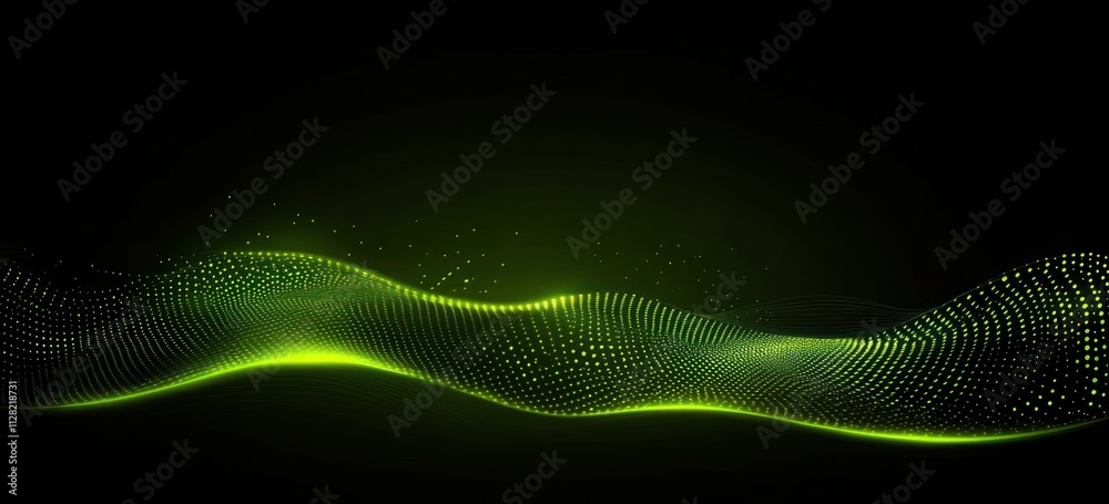 Fototapete abstract green wave pattern with dots on a dark background, suggesting movement and energy.
