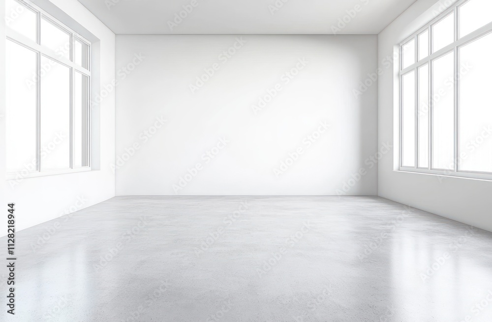 Poster a spacious, empty room with large windows and a polished concrete floor.