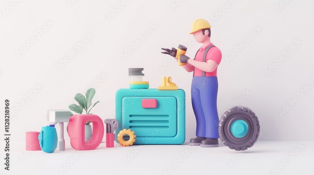 Poster A colorful 3D illustration of a worker using tools in a workshop setting.