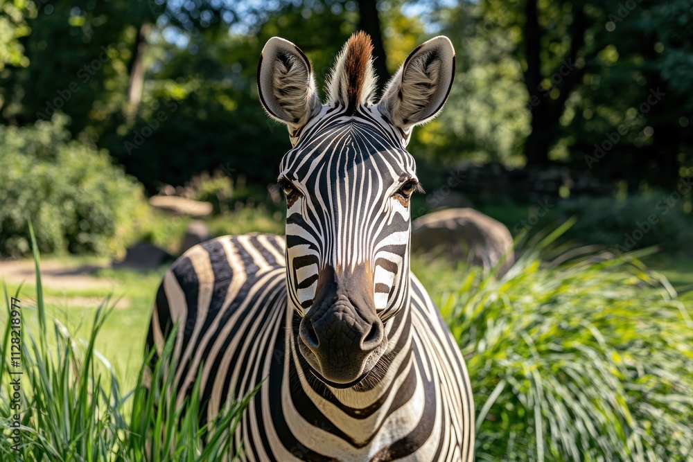 Poster a close-up of a zebra in a lush green environment, showcasing its distinctive stripes.