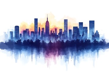NYC Skyline Watercolor Dreams: A serene watercolor illustration captures the essence of New York City's skyline, painted in vibrant hues of blue and purple with a touch of golden sunset.