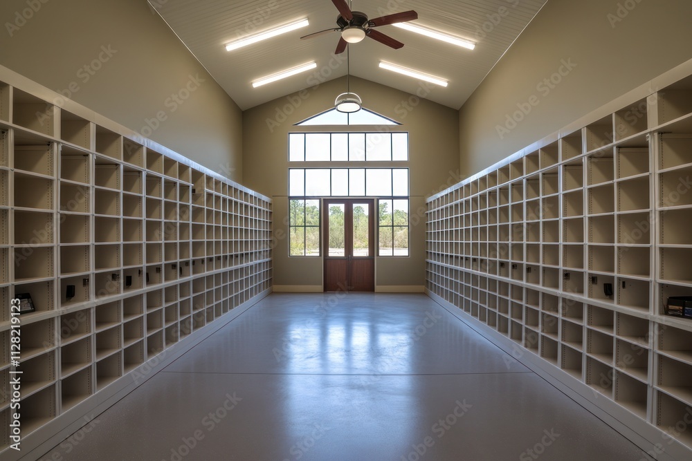 Poster a spacious hallway with shelving units and large windows, designed for storage or display.