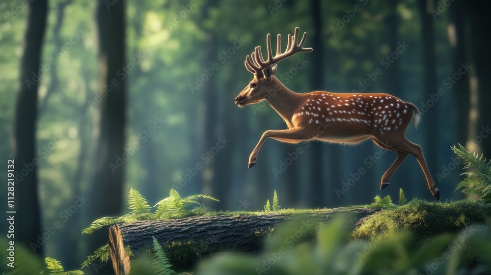 Poster a deer gracefully leaps over a fallen log in a sunlit forest.