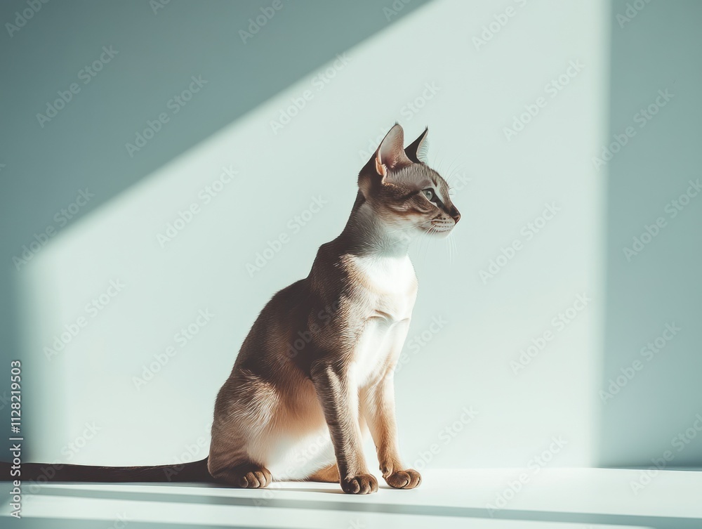 Poster a cat sitting in sunlight, casting soft shadows in a serene environment.
