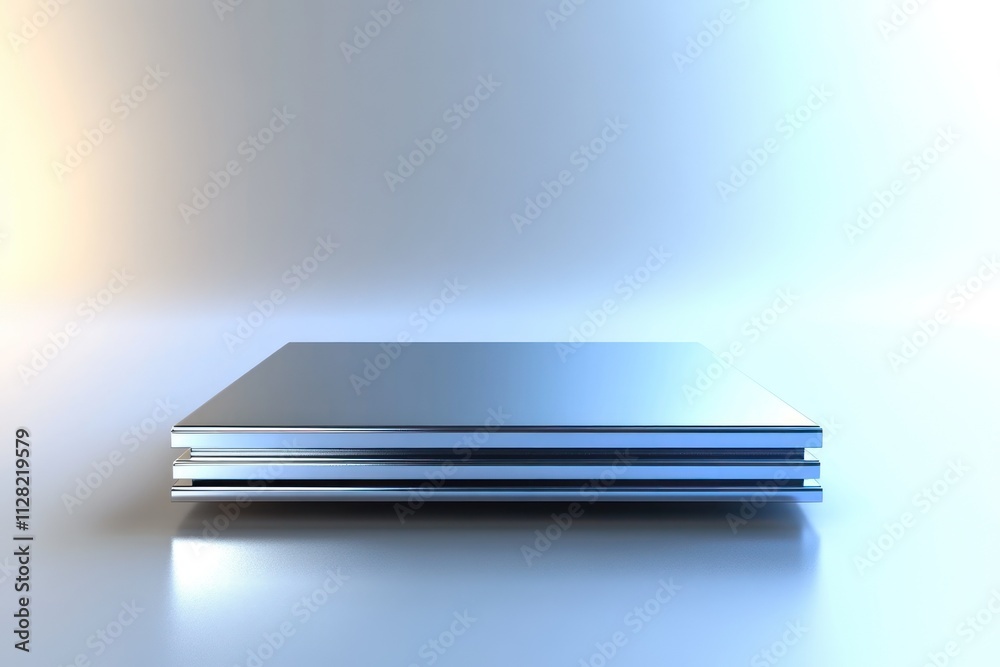 Poster a sleek, modern stack of metallic plates or panels on a smooth surface.
