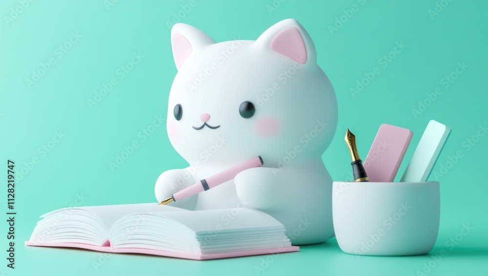 Poster a cute cat-shaped pen holder beside an open notebook and writing tools on a pastel background.