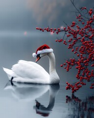 Obraz premium Misty Christmas Morning White Swan in Santa Hat Lake Scene with Red Berries Tranquil Nature Vibe