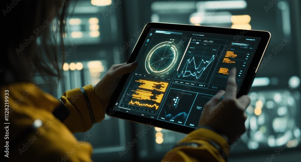 Poster A person analyzing data on a tablet, showcasing graphs and metrics in a futuristic setting.