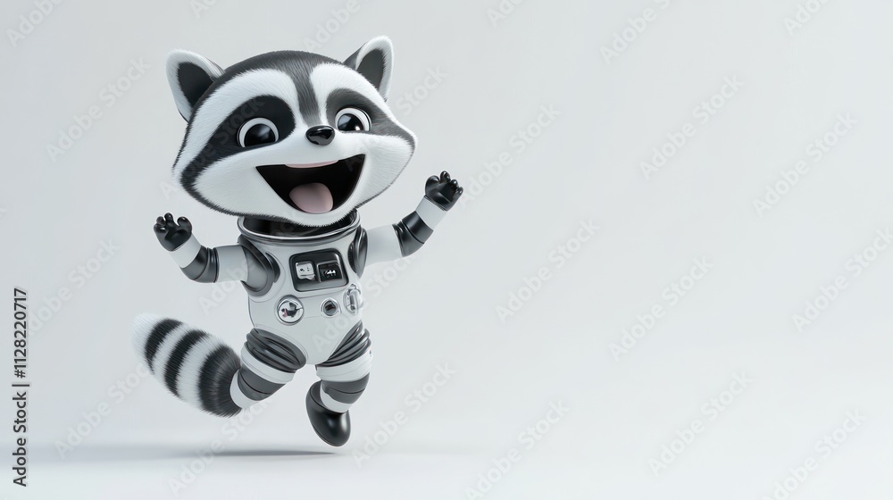 Poster a cheerful raccoon character in a spacesuit, joyfully jumping against a light background.