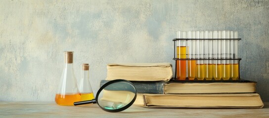 Laboratory setup with test tubes, flasks, books, and a magnifying glass for scientific study.