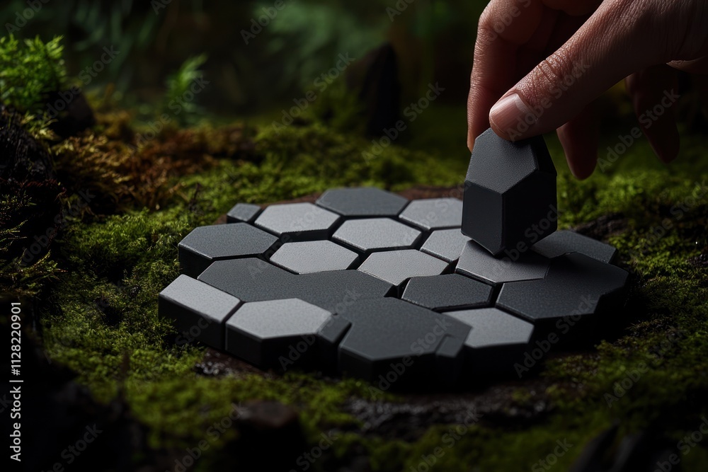 Fototapete a hand places a hexagonal piece on a moss-covered surface, creating a geometric pattern.