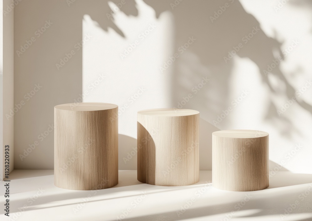 Poster three wooden cylindrical forms in soft lighting, creating a minimalist aesthetic.