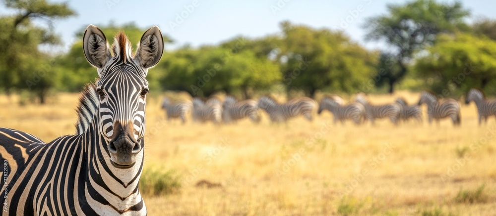 Poster a close-up of a zebra in a grassy landscape with other zebras in the background.