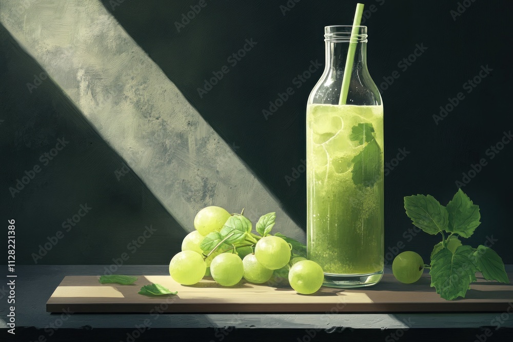 Poster a refreshing green drink in a bottle with grapes and mint, illuminated by soft light.