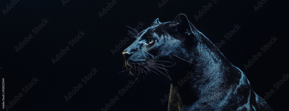 Poster a striking profile of a black panther against a dark background, emphasizing its features.