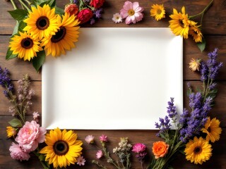 Floral mockup design with vibrant sunflowers and lavender for card or poster