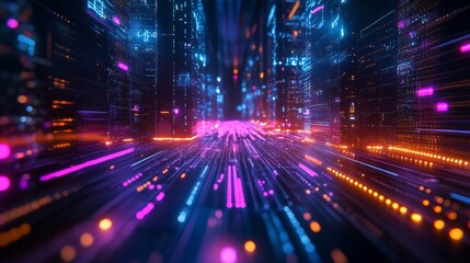 Fototapeta premium Futuristic Digital Cityscape Neon Lights Data Streams