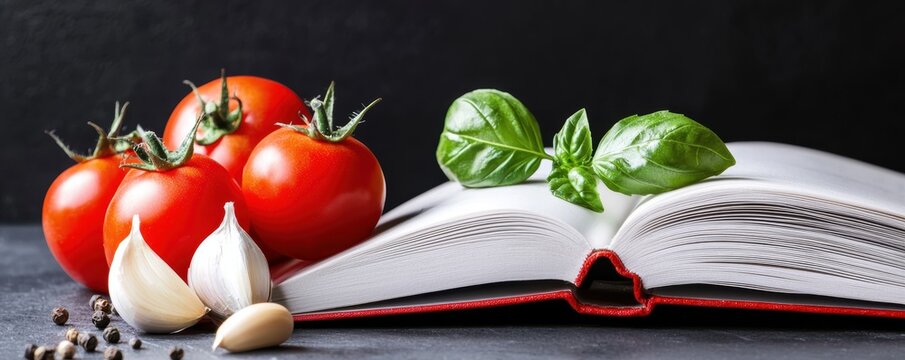 Cooking with fresh ingredients tomatoes and basil in a recipe book kitchen food photography natural light culinary inspiration