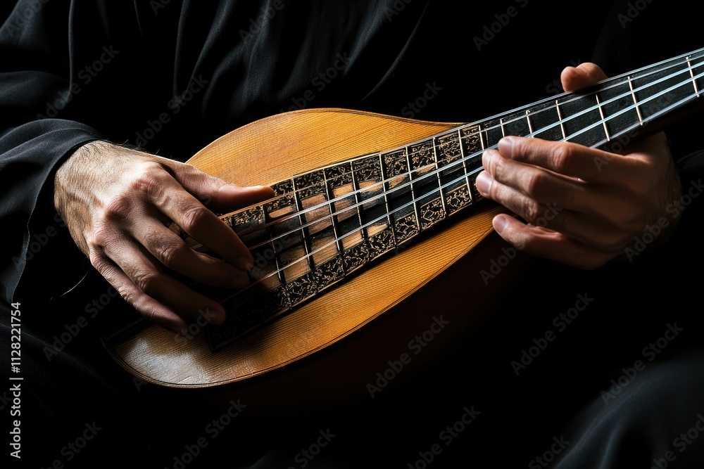 Poster a close-up of hands playing a traditional string instrument, highlighting craftsmanship and music.