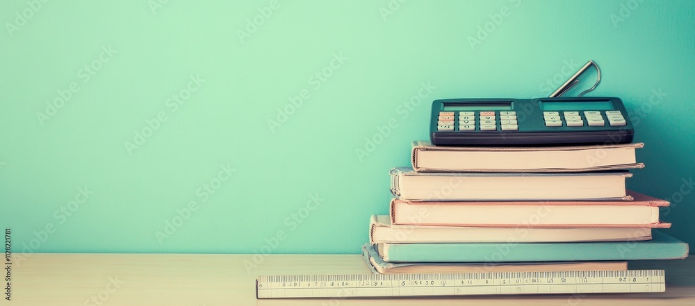 Leinwandbilder a stack of books with a calculator and ruler on a desk against a teal background.