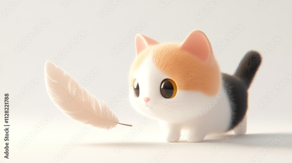 Poster a cute, stylized kitten curiously interacts with a soft feather.