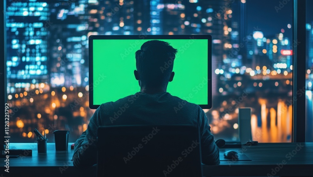Poster A person sitting at a desk in front of a computer screen with a green background at night.