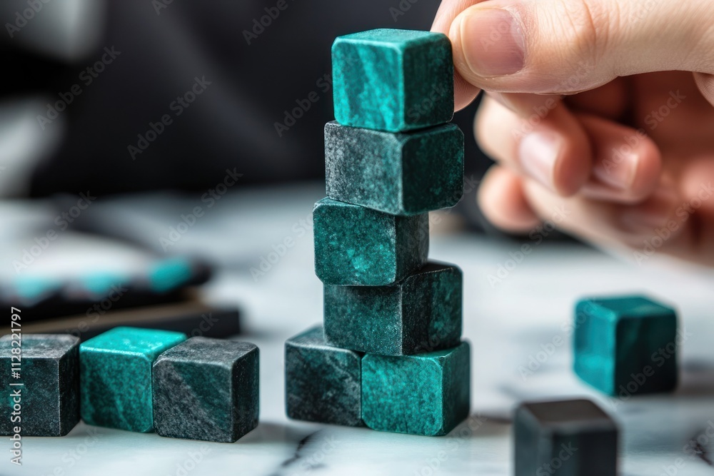 Poster a hand stacking teal and black cubes on a marble surface, emphasizing balance and structure.