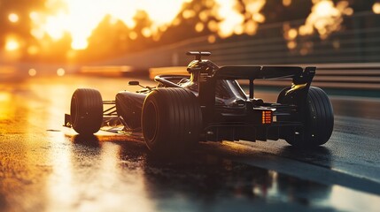 Futuristic Black Formula One Car Racing at Sunset AI generated illustration