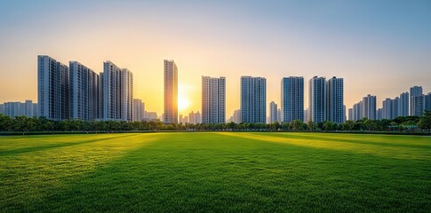 Obraz premium Modern City Park with High-Rise Buildings at Sunset AI generated illustration