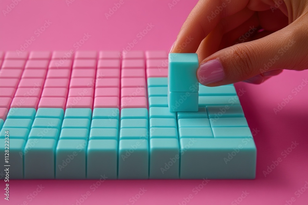 Poster a hand places a blue block on a grid of pink and blue blocks, suggesting a game or puzzle.