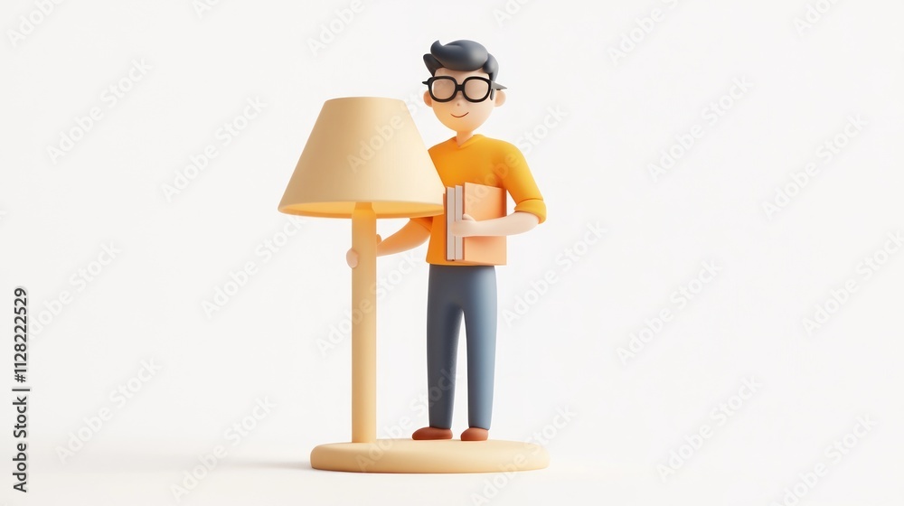 Poster a 3d character holding books next to a lamp, symbolizing knowledge and study.