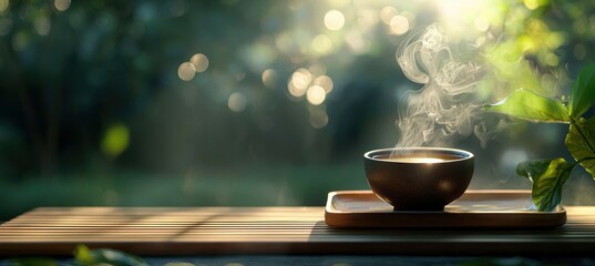 Serene Garden Morning with Steaming Herbal Tea and Sunlit Greenery for Relaxation and Inspiration