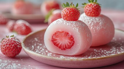  Strawberry Daifuku, Strawberry Wrapped in Mochi. Delicious Japanese Asian dessert on white table.
