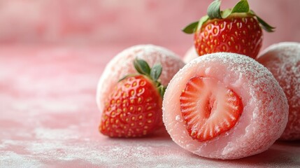  Strawberry Daifuku, Strawberry Wrapped in Mochi. Delicious Japanese Asian dessert on white table.