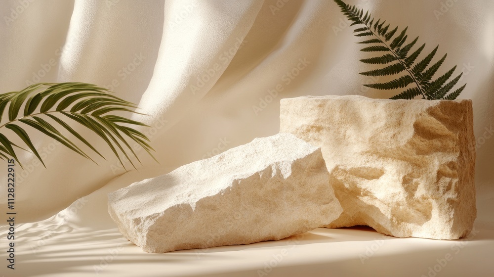 Aufkleber a serene arrangement of natural stones and ferns on a soft fabric backdrop.